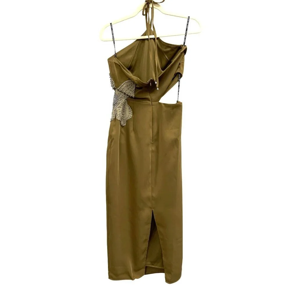 Avec Les Filles Olive Midi Dress Size 6 Beaded Floral Accent Halter Neck Cutout